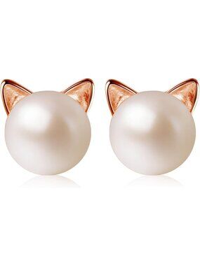 Sterling Silver Cat Stud Earrings with Pearl - Perfect Gift for Cat Lovers